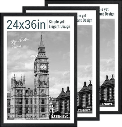 24x36 Poster Frame 3 Pack - Black Woodgrain, Solid Wood Picture Frame, Wall Gallery Frame - Wall Hanging