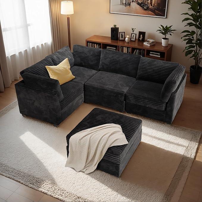 Modular Sectional Sofa with Chaise U Shaped Sectional Couch for Living Room, 5-Seater Comfy Cloud Couches with One Movable Ottoman, Plush Corduroy, Black