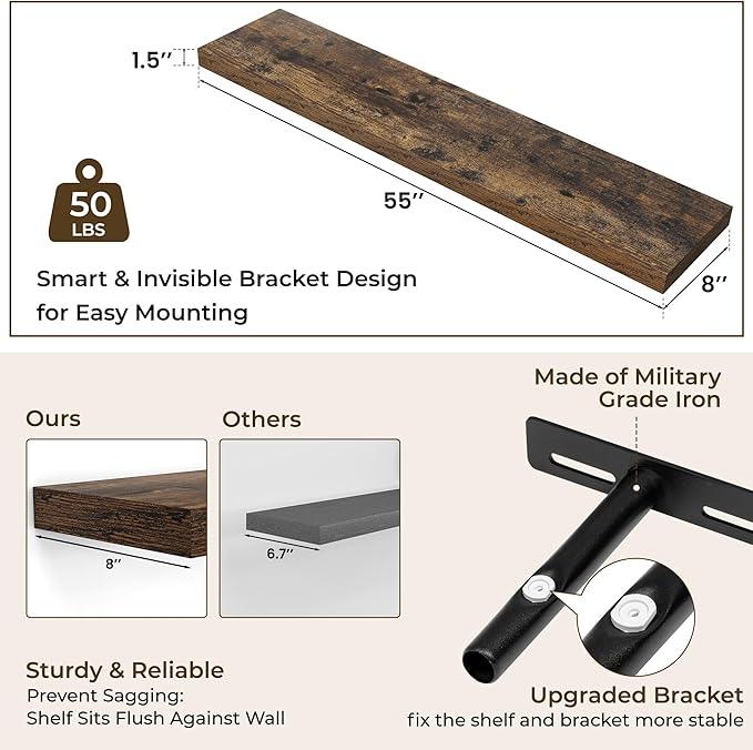 RICHFOCUS 55Inch Floating Shelves for Wall 1 Pack Shelves for Bedroom|Kitchen|Bathroom Wall Mounted Rustic Wood Floating Shelf with Invisible Brackets for Books|Storage|Decor, Rustic Brown