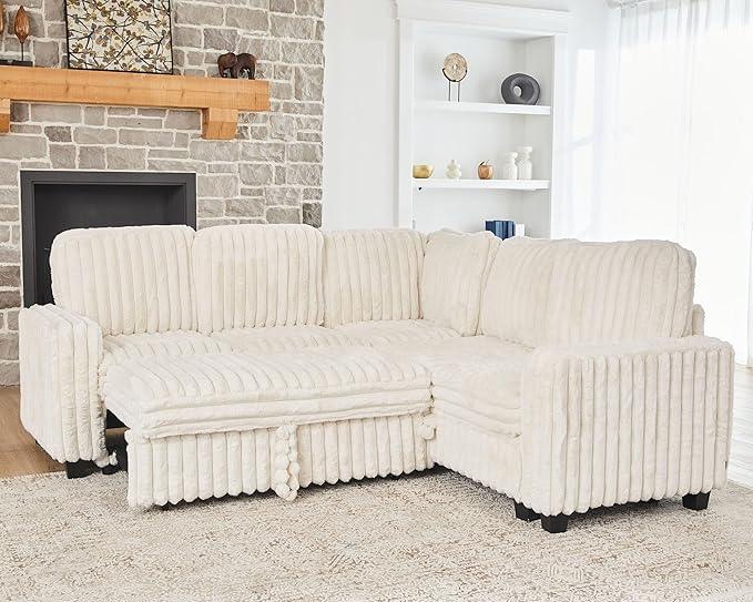 Belffin Plush Corduroy Modular Sectional Sofa with Pull Out Bed Convertible Small Sectional Corner Couch for Living Room White Couch