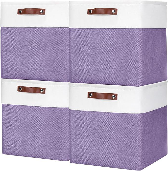 13x13 Cube Storage Bins, Collapsible Fabric Storage Box, 4 Pack Closet Baskets with Handles for Organizing, Shelf, Toys, Clothes, Home, Office, Nursery (Purple&White)