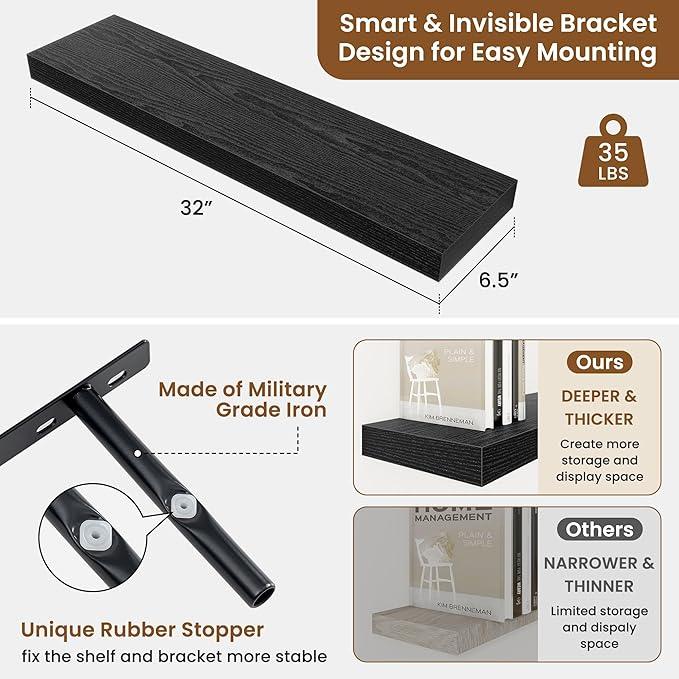 fuqing Floating Shelves for Wall, Bathroom Shelf Wall Mounted for Storage, Shelves with Invisible Bracket for Bedroom, Kitchen, Living Room, Farmhouse Small Book Shelf, 32 Inch Set of 2, Black