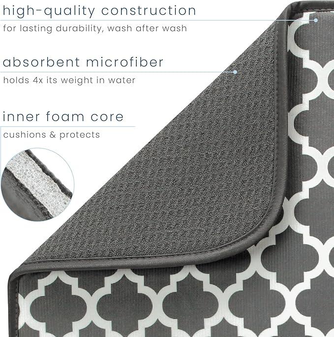 S&T INC. Dish Drying Mat XL, 18” x 24”, Absorbent Microfiber Kitchen Counter Mat, Dish Drying Pad for Dishes, Utensils, Pots and Pans, Extra Large, Pewter Grey Trellis