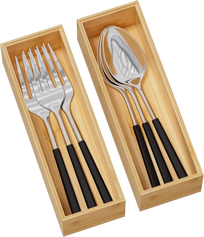 Kitchen Drawer Organizer Bins, Stackable Bamboo Deep Drawer Organizer for Silverware, Utensils, Cutlery, Flatware, Junk Drawer, Dresser, Bathroom, 9