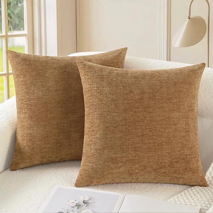 CaliTime Throw Pillow Covers Decorative 22 X 22 Inches Pack of 2 Cozy Chenille Cushion Cases for Couch Sofa Bed Living Room Home Apricot Brown
