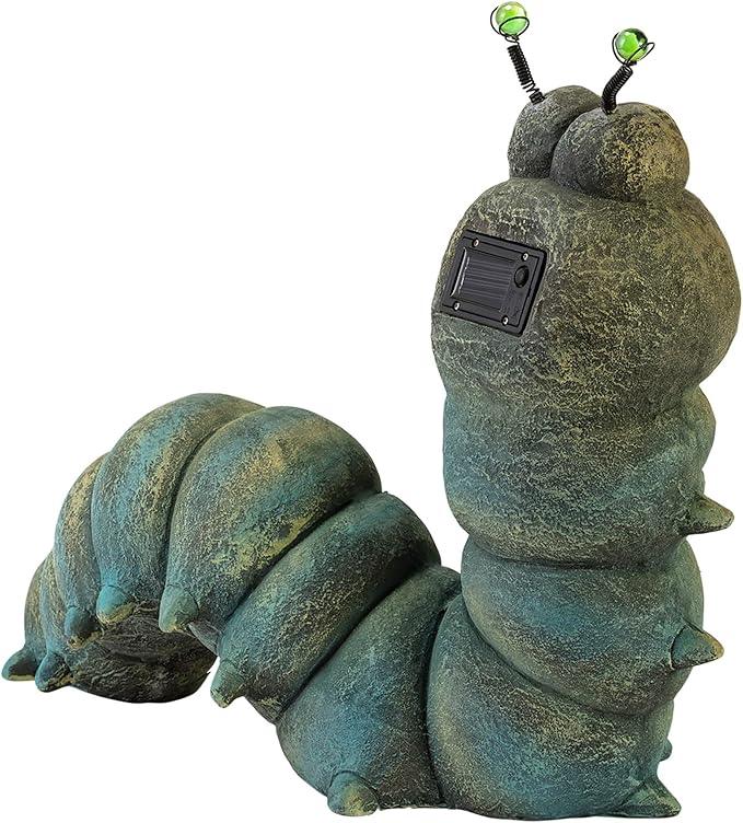 Alpine Corporation FCC121SLR Outdoor Solar Powered Garden Caterpillar Statue with LED Lights, LED Solar Garden Décor, 16