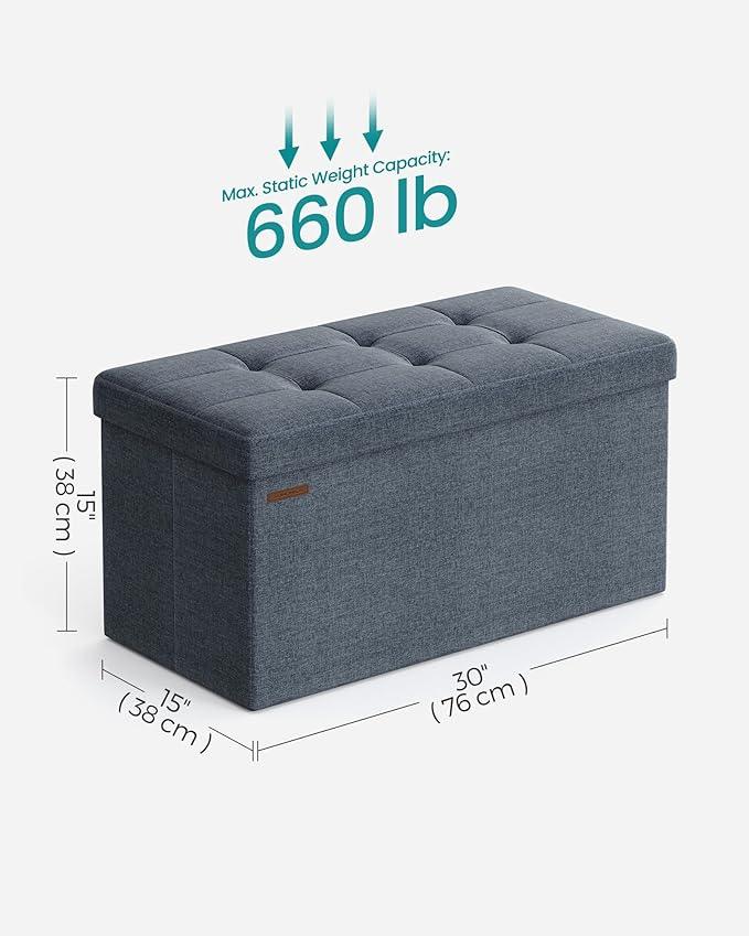 SONGMICS Mazie Collection - 30 Inches Folding Storage Ottoman Bench, Ottoman Foot Rest, End of Bed Bench, Storage Chest, Load 660 lb, for Living Room, Bedroom, Entryway, Misty Blue ULSF047Q01