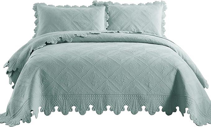 MarCielo 3-Piece 100% Cotton Oversized Bedspread Lightweight Quilt Coverlet Embroidery Farmhouse Bedding Set (Tk Aqua Green, Oversized Queen (100