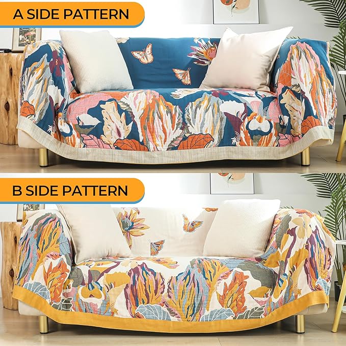 Boho Throw Blanket for Bed,100% Cotton Breathable Muslin Soft Throw, Fall Bed Throw Blanket Floral Bird Butterfly Printed Decor Large Blankets,80