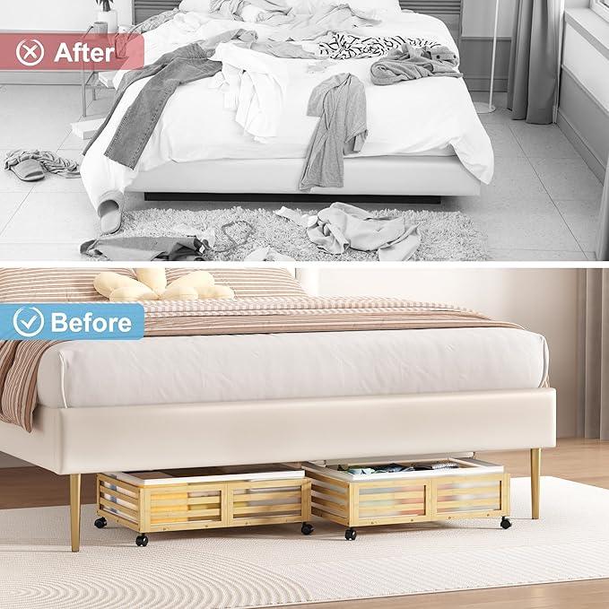 Under Bed Storage with Wheels-Large Bamboo Underbed storage Containers with Large Dust Bag Stackable Under the Bed Shoe Storage Bins for Clothes Books Bedding (2 Packs Nature, 23.62