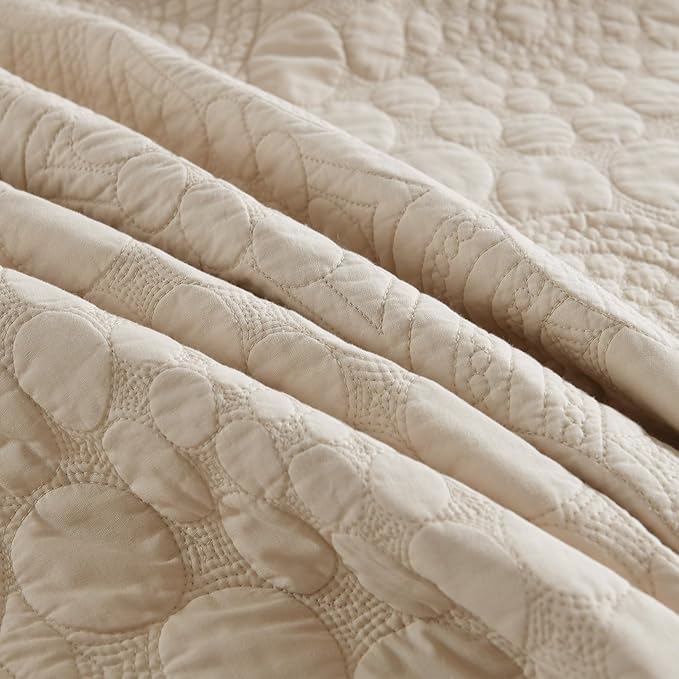 MarCielo 3-Piece 100% Cotton Oversized Bedspread Lightweight Quilt Coverlet Embroidery Farmhouse Bedding (Tf Khaki Beige, Oversized Queen (100