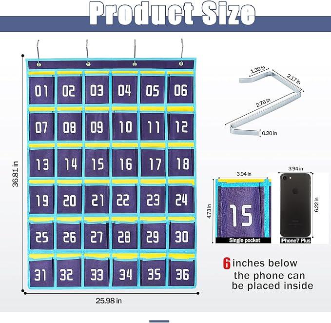 Loghot Classroom Accessories Closet Pocket Chart for Cell Phones Holder Wall Door Hanging Organizer (36 Pockets Blue)