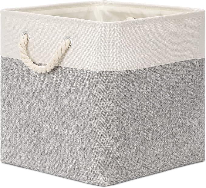Bidtakay Fabric Basket Set - Large Square Organizer Bins, 13x13, Set of 3, White & Grey