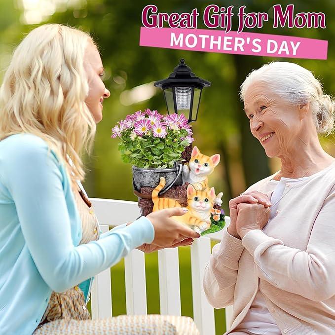 Solar Cat Outdoor Statues, Garden Sculptures with Flowerpot Decor & Solar Lantern for Yard Art Lawn Ornaments Porch Patio Balcony - Idea Gifts for Women Mom Grandma