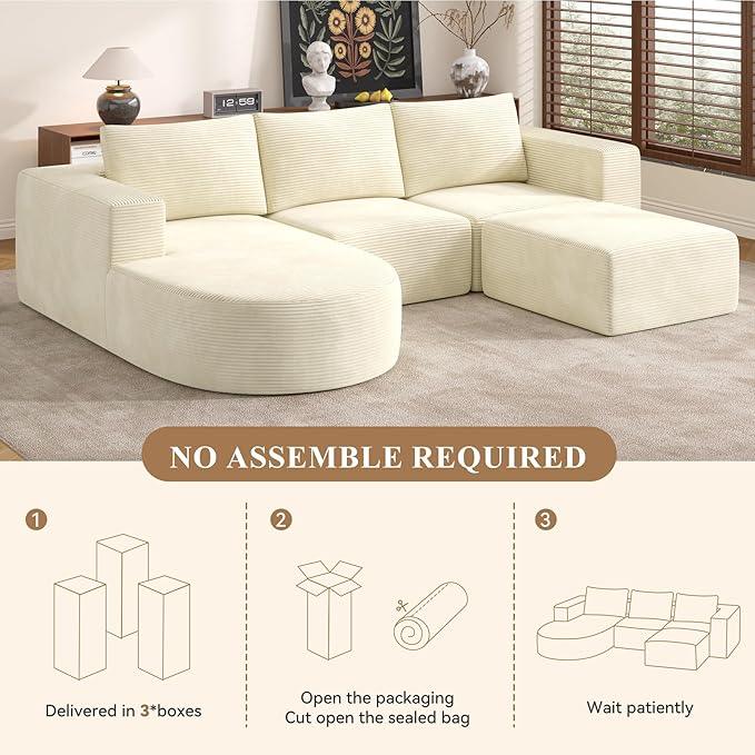 Modular Sectional Sofa with L-Shape Chaise,Cloud Sectional Modern Sleeper Couch with Deep Seat,Sponge Compression Sofas No Assembly Required (Beige-Corduroy Fabric) 1pcs