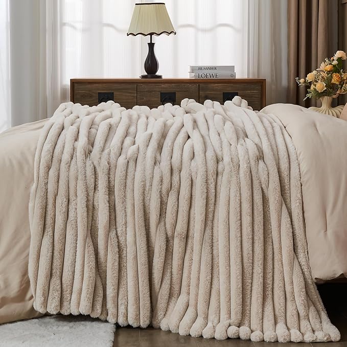 NEWCOSPLAY Faux Fur Throw Blanket Linen 3D Ribbed Plush Thick Warm Blanket for Couch Sofa Bed 850GSM (Linen Ribbed, Throw(50