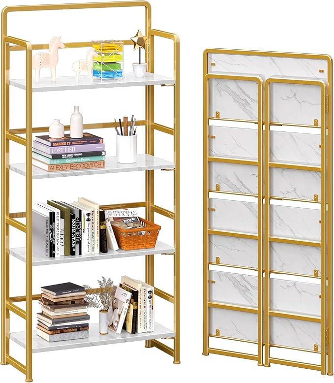 4NM No Assembly Foldable Bookshelf, 4-Shelf Collapsible Bookcase Storage for Small Spaces, 54