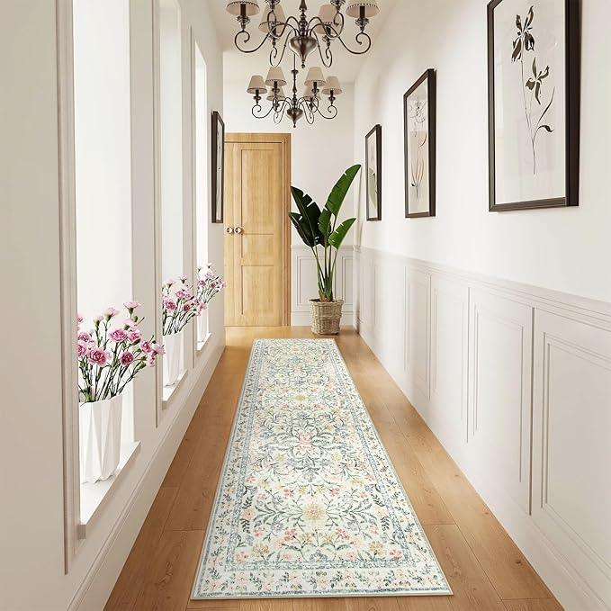 Wonnitar Washable Rug Runner 2'6''x8', Boho Floral Hallway Runner Rug 8ft Long Carpet for Bedroom, Soft Non Slip Ultra-Thin Beige Carpets for Bathroom Kitchen Bedside