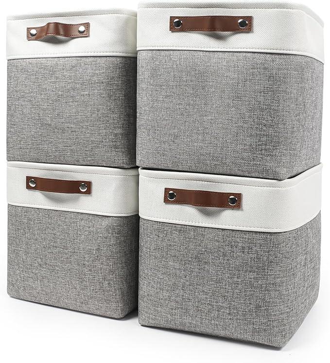 Collapsible Fabric Storage Cubes 11x11 Cube Storage Bins, 4 Pack Closet Baskets Box with Handles for Organizing, Shelf, Toys, Clothes, Home, Office, Nursery (Grey&White)