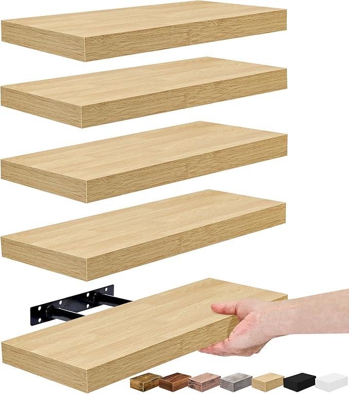 Sorbus Floating Shelves for Wall, Bathroom Shelves Wall Mounted for Kitchen, Bedroom, Living Room, Bathroom Storage, Over Toilet, Hanging Book Shelf for Ｗall Home Decor (Maple Wood, 5 Pack)