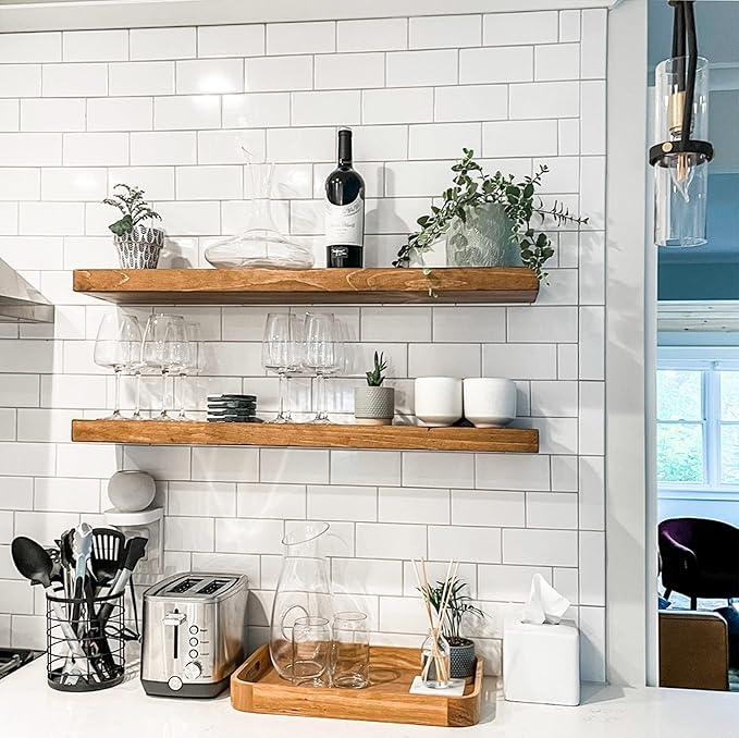 URBANDI, Rustic Floating Shelves, Set of 2, Hidden Bracket, Solid Wood, Heavy Duty, Wall Mounted Shelves, (Brown, 36Wx8D)
