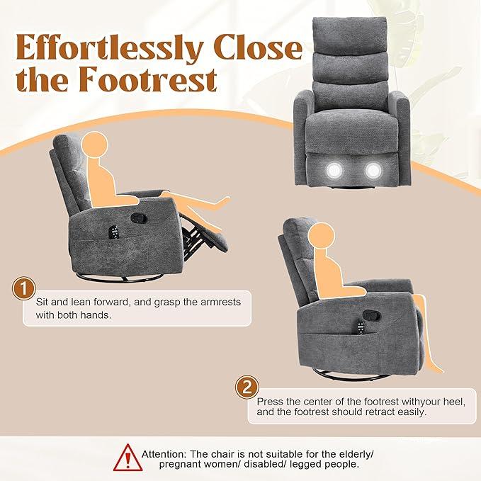 Manual Swivel Rocker Recliner Chair for Adults, Overstuffed Reclining Glider Chair for Nursing with Vibration Massage & Heat, Living Room Rocking Recliner 3-Stage backrest, Chenille Fabric Dark Gray