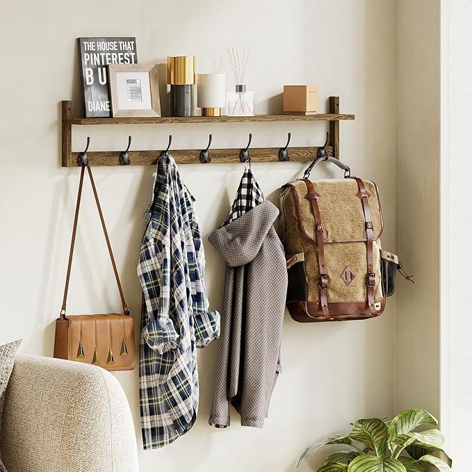 BAMEOS Coat Rack Wall Mount, Large Wooden Coat Hooks with Shelf, 35