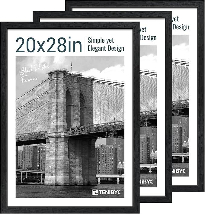 20x28 Picture Frame Set of 3 - Black Woodgrain, Solid Wood Gallery Poster Frame - Wall Hanging