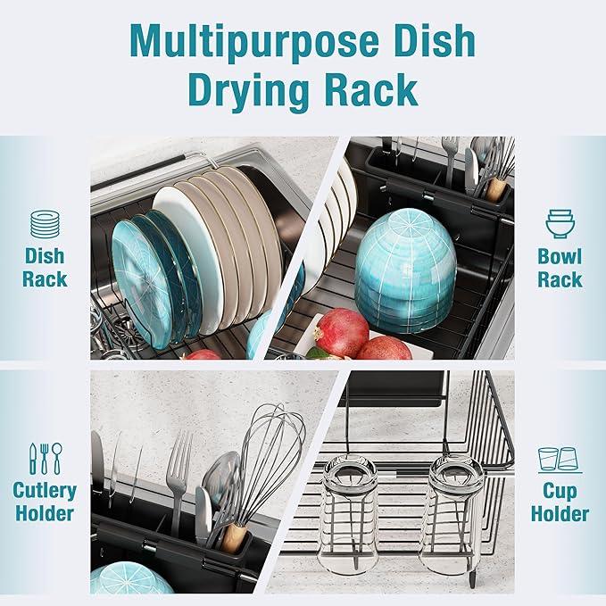 Dish Drying Rack in Sink, Over The Sink Colander Strainer Basket, Stainless Steel Strainer Basket with Expandable Rubber Grip Handles for Vegetables, Fruits, Home Kitchen Essentials, Black