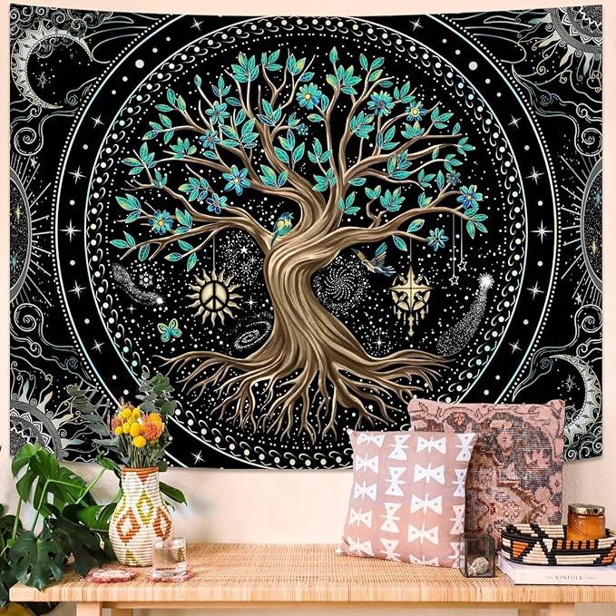 Lunerfex Tree of Life Tapastry Butterfly Moon Tapastry Flower Green Tree Tapestries Mandala Wall Hanging for Bedroom and Living Room Decor 44×60 Inches