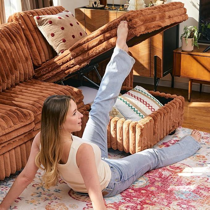 Belffin Modular Sectional Sleeper Sofa with Pull Out Couch Bed Corduroy Double Chaise with Storage Brick Red Couch