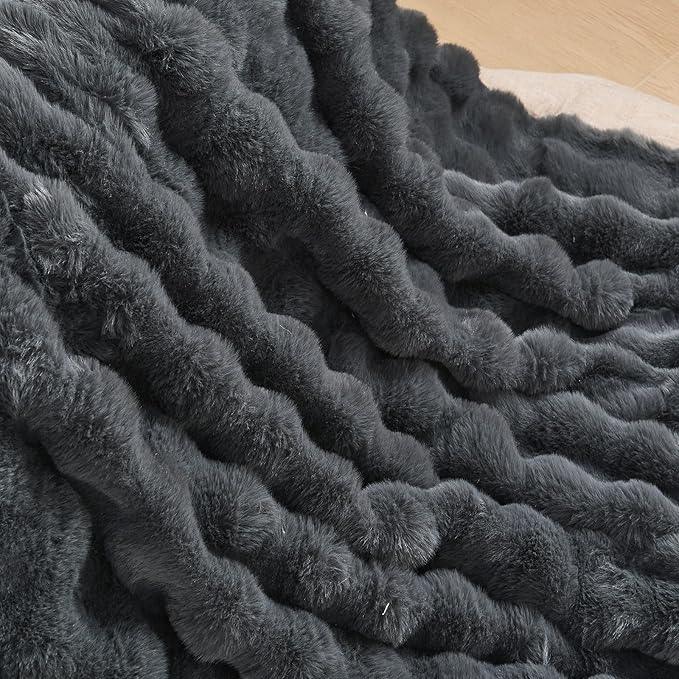 Lotus Karen King Size Faux Fur Blanket - Dark Gray, Big Bubble Rabbit Fluff, 108x90 Inches