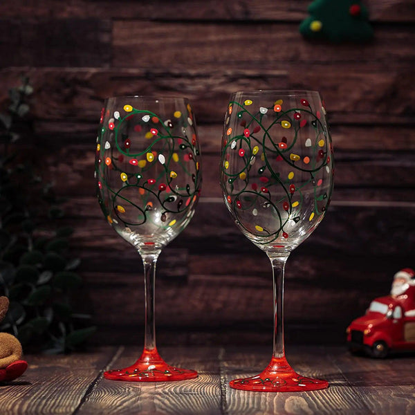 Stemmed Christmas Lights Wine Glasses Set of 2 - Hand Painted Wine Glass Ornament Light Bulbs Glasses, Perfect for Wine, Champagne, Holiday Parties and Festivities - 9.5