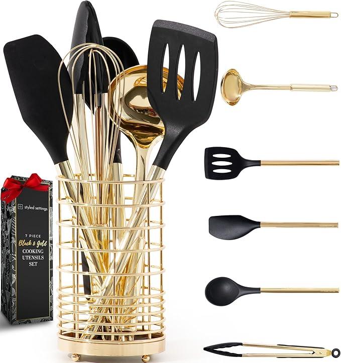 Styled Settings Black and Gold Cooking Utensils Set - 7-Piece Silicone Utensils Set Include Spatula Holder for Nonstick Cookware and Modern Kitchens - Stylish Black and Gold Kitchen Accessories