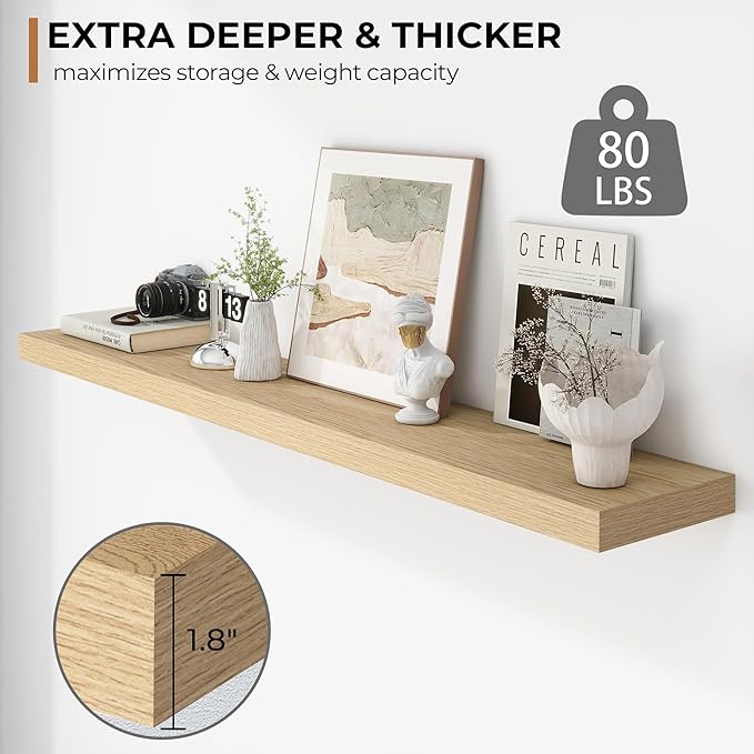 Fun Memories 55 Inch Floating Shelves - 9 Inch Deep Rustic Wooden Wall Shelves - Extra Deeper & Thicker Wall Mounted Storage Shelf for Living Room, Kitchen, Farmhouse - 55