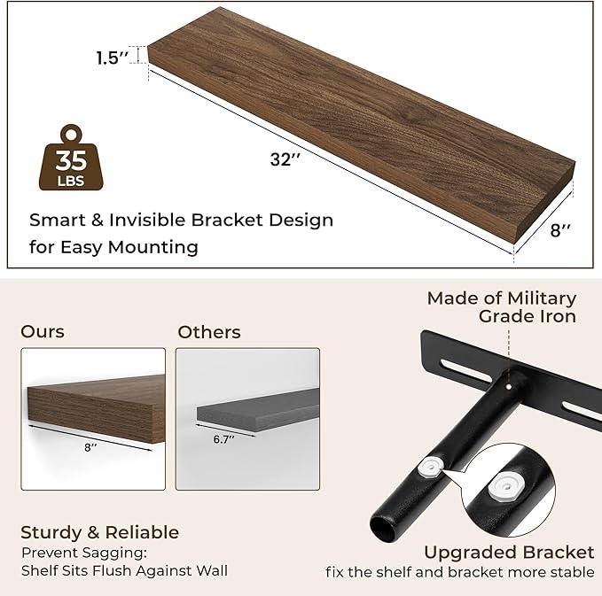 RICHFOCUS 31.5Inch Floating Shelves for Wall 2 Pack Shelves for Bedroom|Kitchen|Bathroom Wall Mounted Rustic Wood Floating Shelf with Invisible Brackets for Books|Storage|Decor, Walnut