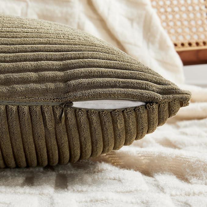 Fancy Homi 2 Packs Olive Green Long Lumbar Decorative Throw Pillow Covers 16x24 Inch for Couch Bed Sofa, Rustic Farmhouse Boho Home Decor, Soft Striped Corduroy Rectangle Accent Cushion Case 40x60 cm