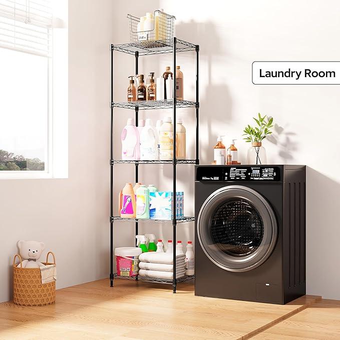 5 Tiers Shelf Metal Storage Shelves Wire Rack Closet Organizers with Wheel for Garage Kitchen Bathroom Laundry Black 11.8