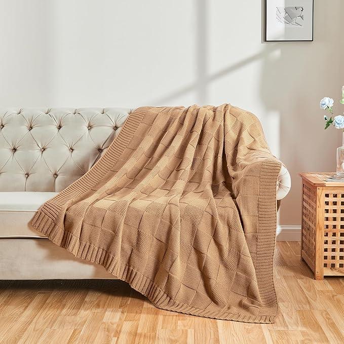 CozeCube Check Knit Throw Blanket, Beige Checkered Throw for Couch, Decorative Christmas Soft Cozy Warm Knitted Blanket for Bed Sofa Living Room, 60