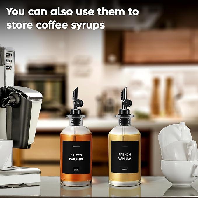 Olive Oil Dispenser Bottle - Includes 55 Kitchen Essential Labels - Cooking Oil Bottles for Kitchen, Coffee Syrup Dispenser - Pourer Spout with 11.8 fl oz Glass Container Cruet - 4pcs, Black