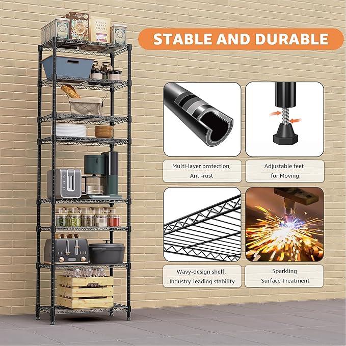 8 Tier 2000 lbs Storage Rack Metal Wire Shelving Unit, Storage Standing Shelf Organizer for Laundry Bathroom Kitchen Pantry Closet Garage Basement Utility Room, Black 13.8