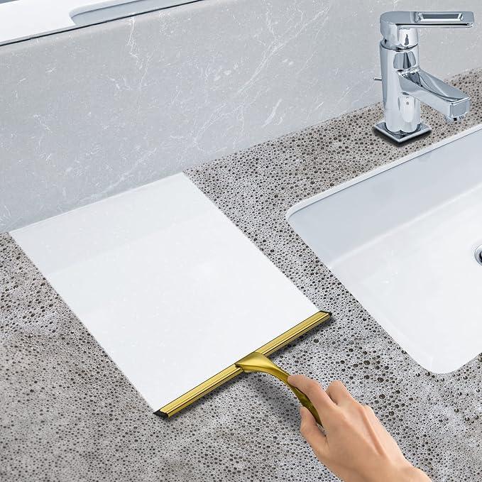 All-Purpose Stainless Steel Shower Squeegee for Shower Doors with 2 Adhesive Hooks, Bathroom Cleaner Tool Household Window Mirror Squeegee for Home Cleaning, Glass Door, Tile Wall, Car, 10 Inch Golden