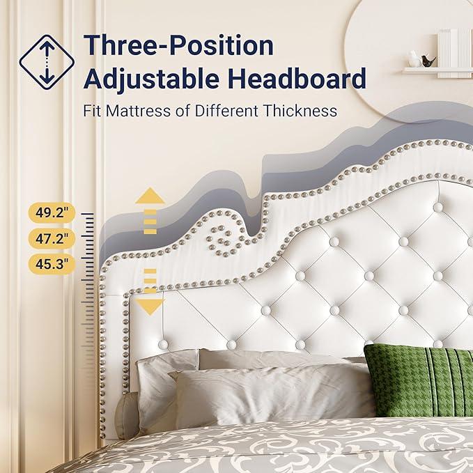 Allewie Queen Bed Frame with Adjustable Velvet Tiara Headboard, Upholstered Diamond Button Tufted Platform Bed, Wood Slats Support, No Box Spring Needed, Mattress Foundation, Easy Assembly, White