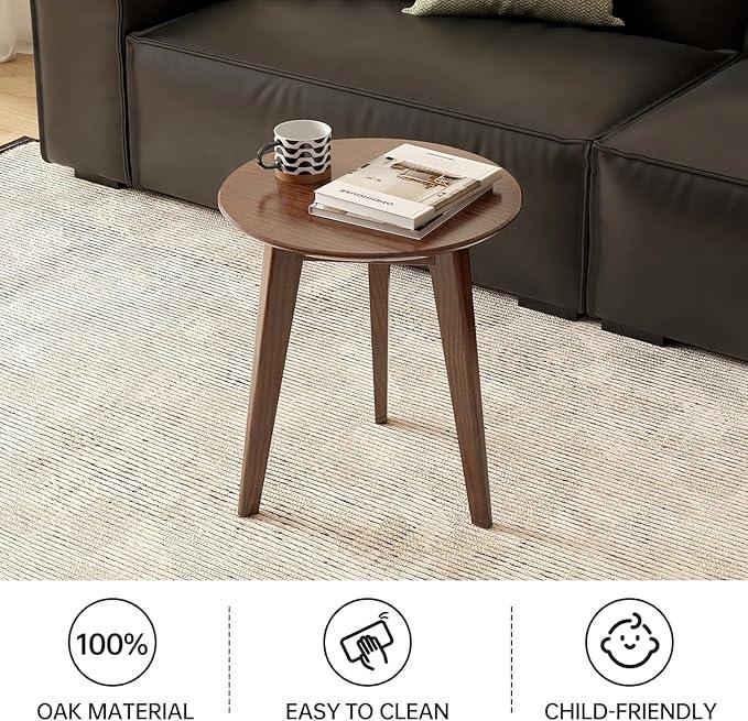 100% Solid Oak Round Side Table Set of 2, Small Bedside Table for Small Spaces, Living Room End Table with Stable Frame, Modern Nightstand for Bedroom Couch(Walnut, 17.71