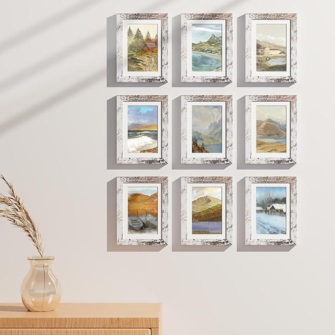 Vittanly 5x7 Picture Frames Set of 9, Shatter Resistant Plexiglass, Display 4x6 Pictures with Mat or 5x7 without Mat, Photo Frames for Wall or Tabletop, Engineered Wood, Distressed White