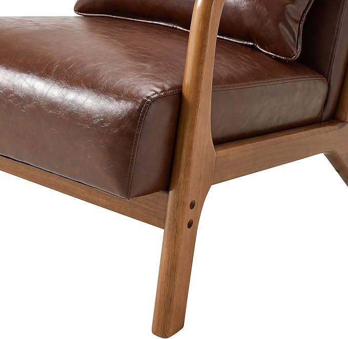 Glitzhome 2 Set Mid Century Coffee Accent Armchair, Single Reading Armchair PU Leather Lounge Chair with Walnut Ruberwood Frame