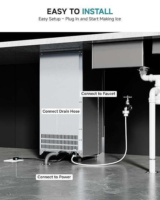 EUHOMY Commercial Under Counter Nugget Ice Maker Machine, 70Lbs/Day, Bulit-in Freestanding Ice Maker with Double Ice Baskets, Self-Cleaning & 24H Timer Ice Machine, for Commercial & Home Use(Silver)