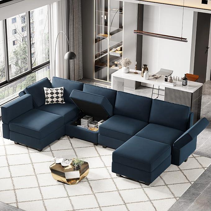 Belffin Modular Velvet Sectional Sofa with Chaise Lounge Sectional Sleeper Sofa with Storage Chaise Bed Couch for Living Room Blue