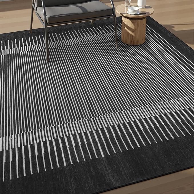 Wonnitar Washable Striped 5x7 Washable Area Rug, Non-Slip Black Berber Stripe Rugs for Living Room, Low Pile Minimalist Floor Carpet Rugs for Bedroom Dining Room Home Office (Black,5' x 7')