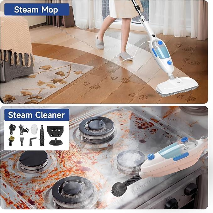 Steam Mop for Floor Cleaning, 10in1 Multi Purpose Handheld Steamer Cleaner Detachable for Vinyl, Laminate, Carpet, Tile Hard Floor Grout w/ 2 pad, 23ft Cord, 15oz Tank, Adjustable Steam & Height